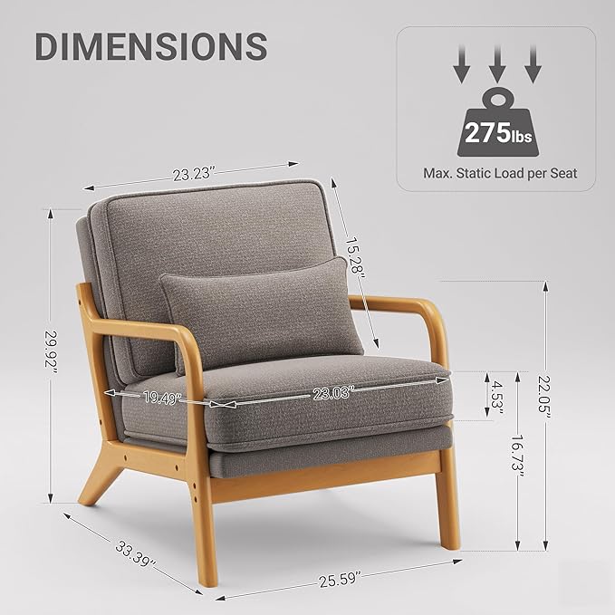 Accent Chair Set of 2 with Solid Wood Frame, Mid-Century Relaxing Armchair Lumbar Pillow& Soft Cushion, Reading Leisure Chair for Living Room, Bedroom, Waiting Room-Grey