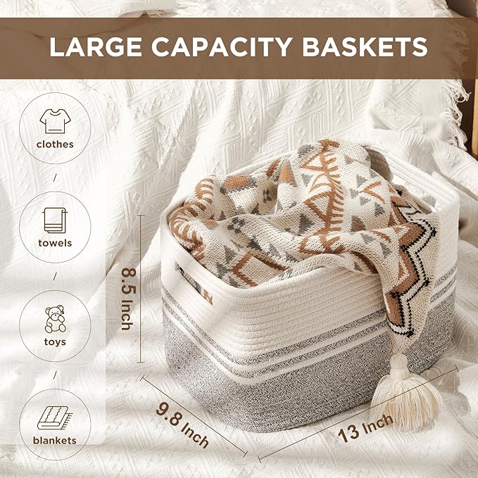Temary Woven Storage Baskets, Set of 3 Rope Baskets for Storage Clothes, Towels, Versatile Boho Storage Bins (White&Grey, 13"x9.8"x8.5")