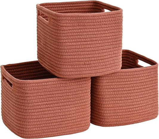 3 Pack Cube Storage Bin, 9”x9”x7” Cotton Rope Woven Baskets for Organizing Toys Clothes Towels, Square Gift Storage Baskets for Shelves, Nursery, Closet, Bathroom, Pantry (Red)