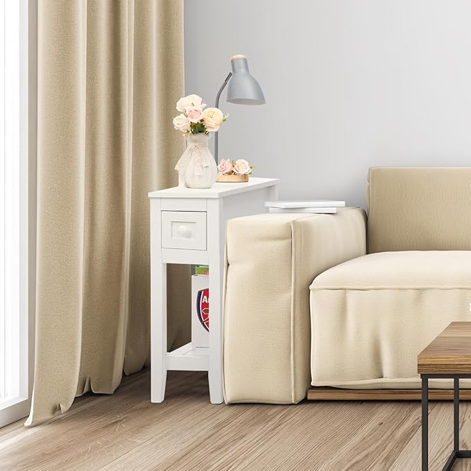 Narrow Side Table with Storage Drawer - White Slim Nightstand for Small Spaces