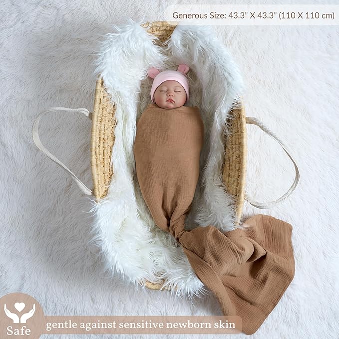 Meracorallo Muslin Swaddle Blanket, 100% Cotton Receiving Blanket Soft and Breathable Swaddle Wrap for Baby Boys and Girls, Tan