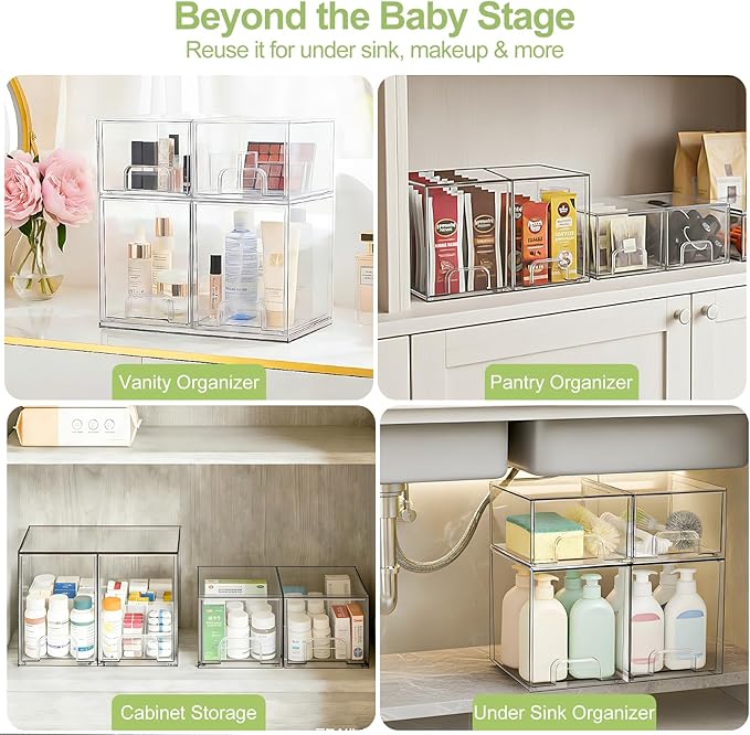 Baby Bottle Storage Organizer: Clear Stackable Storage Drawers, Acrylic Bottles Station Organizer Container for Countertop, Vanity, Bathroom, Cabinet Organization - 4 Pack
