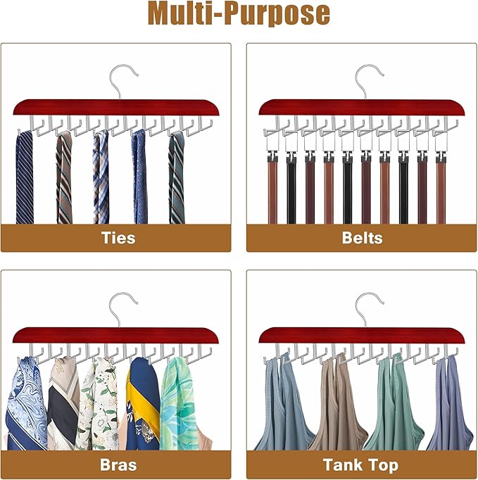 Tie Rack Hanger for Closet, 2 in 1 Belt Tie Hangers with 20 Folding Hooks, 360 Degree Rotating Wooden Tie Holder Organizer for Men Ties Belts Scarves Tank Tops Accessories, Walnut (1 Pack)