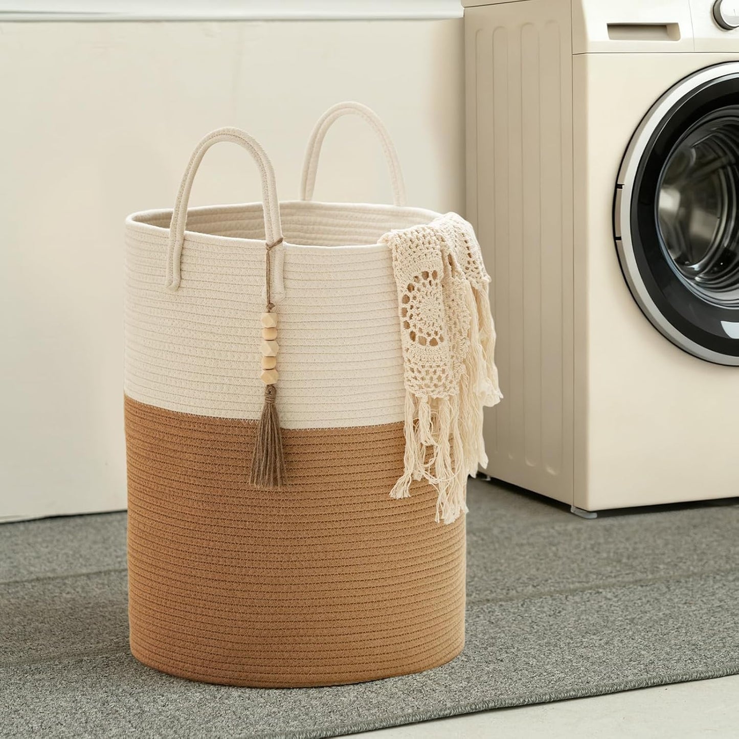 Boho Cotton Rope Storage Basket with Wooden Tassels