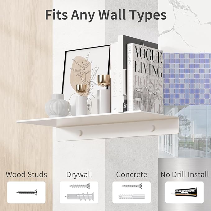 Danpoo White Floating Shelves for Wall Storage, Metal Wall Shelves for Living Room, Bathroom, Kitchen, 12” Small Display Shelves for Collectibles(2 PCS)