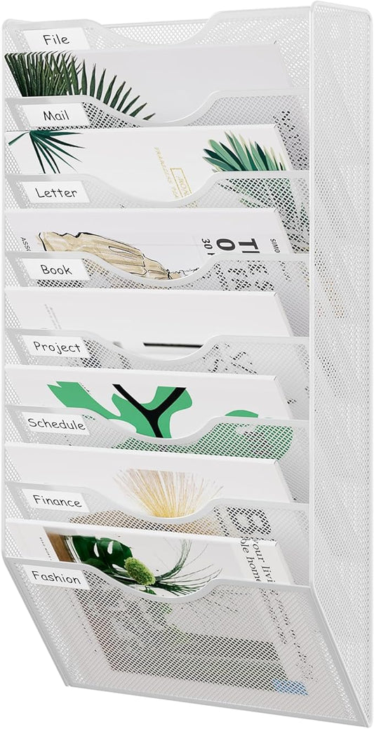 EasyPAG 8 Pocket Mesh Wall File Organizer, Hanging Paper Folder Holder with Classify Label, Vertical Wall Mount Mail Organizer for Office Home Classroom, White