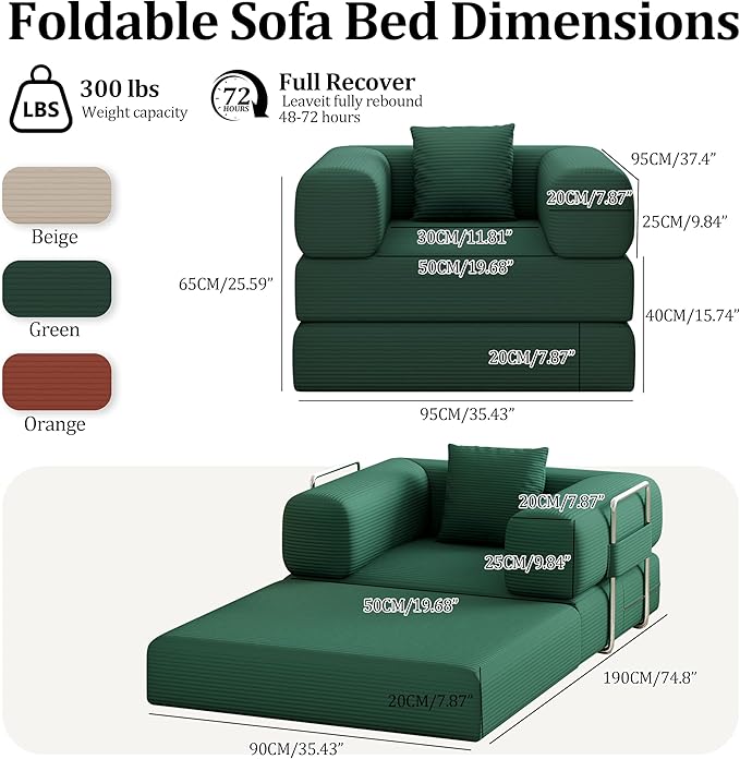 Folding Sofa Bed, 2 in 1 Convertible Sofas to Lounger Comfy Single Bean Bag Chair Floor Portable Foldable Sleeper Lazy Futon Couch Chair for Bedroom, Living Room (Green, 35.43" Single Sofa)