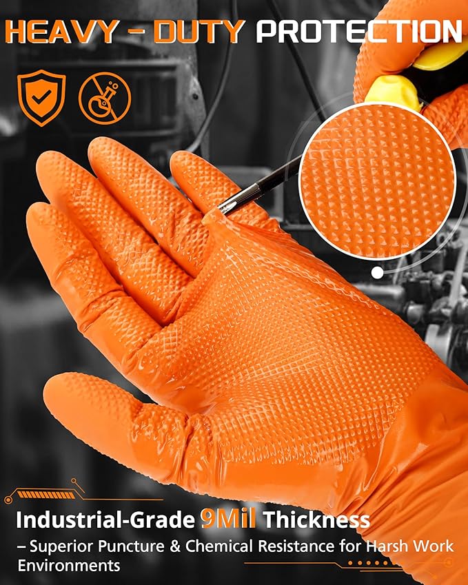 nitroshield 9mil Heavy Duty Disposable Nitrile Gloves,Orange Large 800Pcs -Chemical Resistant, Latex Powder Free Rubber Gloves Diamond Texture for Automotive, Mechanics, Cooking,BBQ, Industrial Use