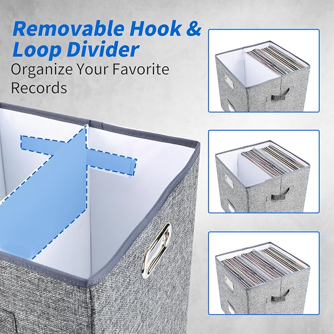 Vinyl Record Storage Box Set of 2 - Album Storage Holds 100+ Single Records, Decorative LP Storage Organizer Crate with Lid, Sturdy Moving Boxes for Records