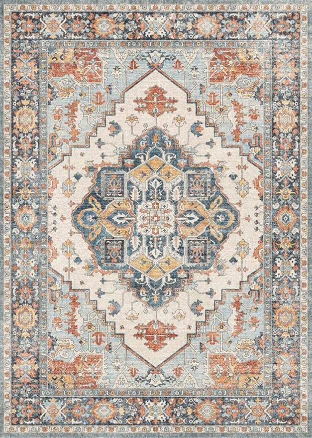 GENIMO 8x10 Area Rugs for Living Room, Machine Washable Non Slip Rugs, Low Pile Lightweight Print Rug for Bedroom, Dining Room, Home Office, Vintage Blue/Amber
