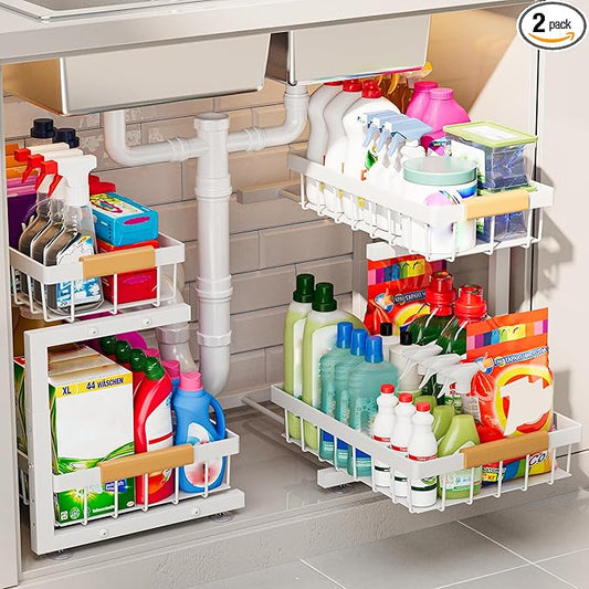ADBIU Under Sink Organizer, 2 Pack 2 Tier Expandable Height (13.2" - 17.2") Pulling Out Kitchen Bathroom Cabinet Organizers (White, Large Size)