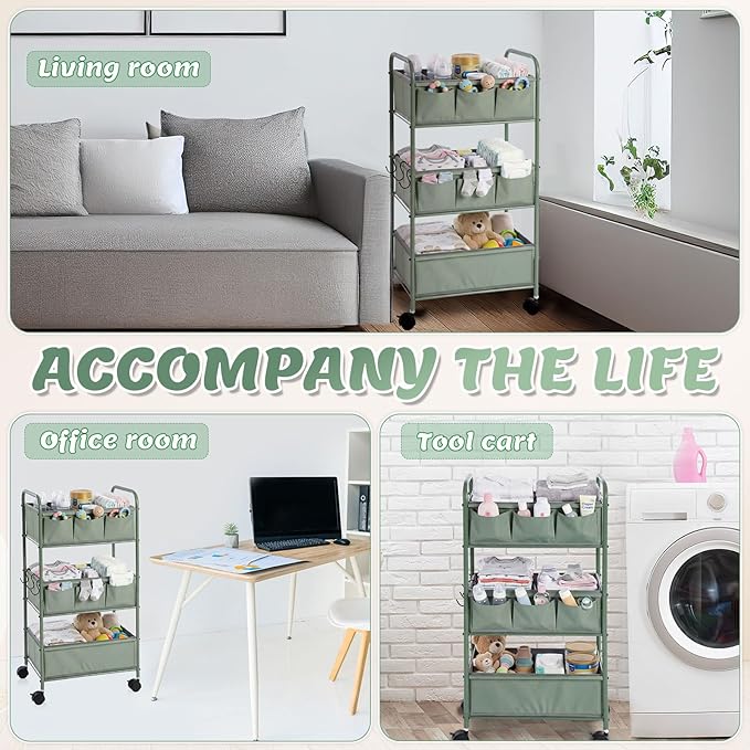 WILLBOND 3 Tier Green Baby Diaper Caddy Organizer Cart with 4+3 Dividers Large Capacity Metal Utility Bedside Rolling Cart Newborn Registry Nursery Essential Must Have Crib Bedroom Baby Shower