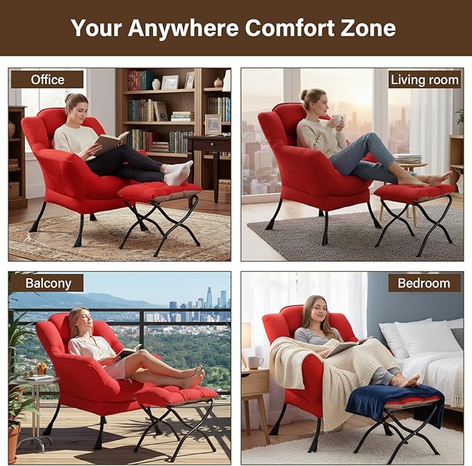 Welnow Lazy Chair with Ottoman, Modern Lounge Accent Chair with Armrests and a Side Pocket, Leisure Sofa Armchair Set, Reading Armchair with Footrest for Small Space, Red