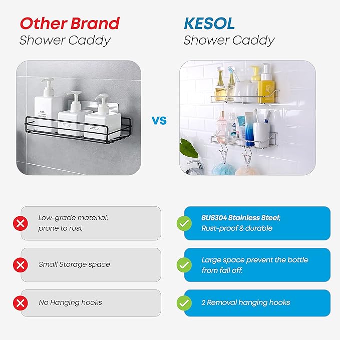 KESOL Adhesive Shower Caddy Shower Shelf Organizer for Bathroom Organization with Hooks, SUS304 Stainless Steel, 2 Pack (Silver)