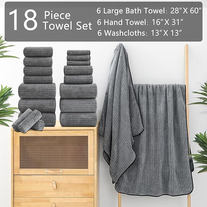 18 Piece Bath Towels Set,100% Microfiber Family Bathroom Towel with Hanging Loops-6 Bath Towels,6 Hand Towels,6 Washcloths,Quick Dry Highly Absorbent Shower Towel for Bathroom,Hotel,Spa-Black