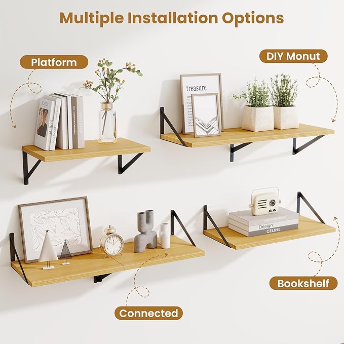 Deep Floating Shelves,16" Wx10 D Floating Shelves for Wall Set of 2,Heavy Duty Wood Floating Shelf with Metal Bracket,Wall Mounted Hanging Shelf for Living Room Bedroom Bathroom Kitchen,Oak