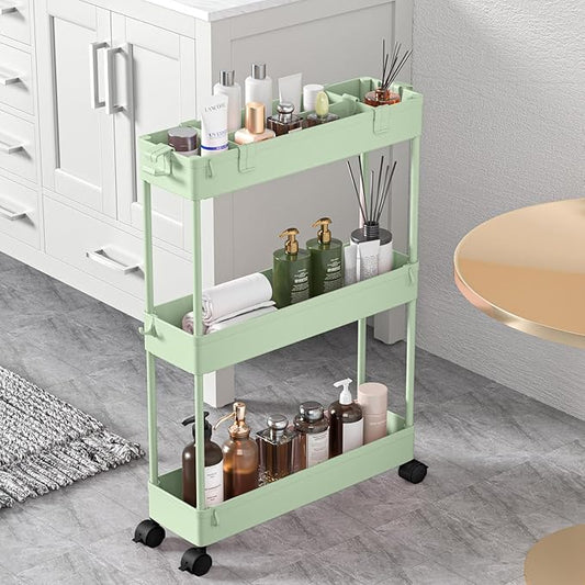 SPACELEAD Slim Storage Cart 3 Tier,Bathroom Organizer Rolling Utility,Mobile Shelving Unit Slide Out for Office, Kitchen, Laundry Room & Narrow Places，Green
