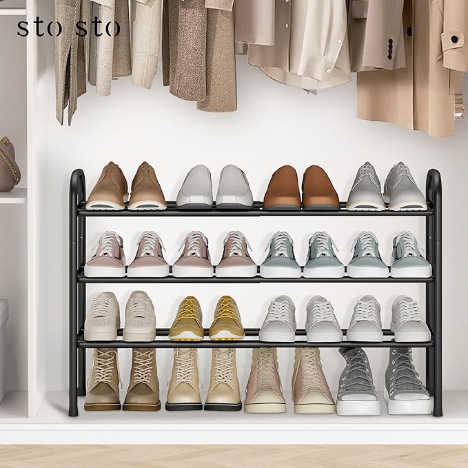 STO STO Expandable Shoe Rack, 3-Tier Metal Small Shoe Rack for Closet, Up to 16 Pairs Adjustable Shoe Racks Storage for Front Door Entrance, Free Standing Shoe Rack Organizer for Entryway, Black