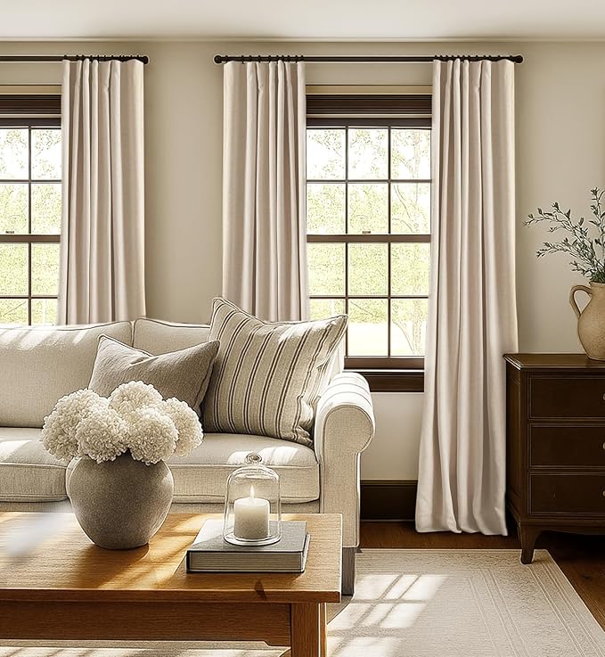 INOVADAY 100% Blackout Curtains for Bedroom, Black Out Curtains 90 Inch Long, Clip Rings Linen Blackout Drapes, Thermal Insulated Room Darkening for Living Room, 2 Panels - Oatmeal,W50xL90