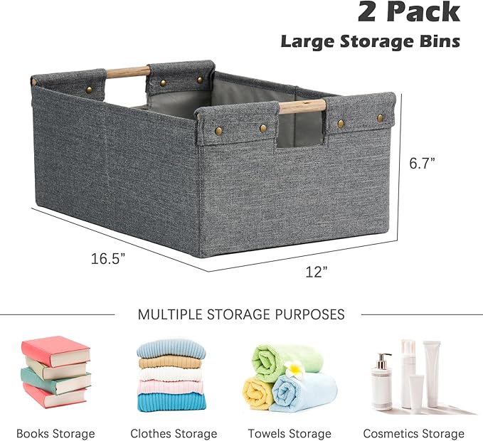 2PCS Storage Bins Cotton Linen Fabric Storage Boxes Basket with Wooden Handles Foldable Washable Decorative Shelf Container Clothes Organizer Home Laundry - Large Size, Gray