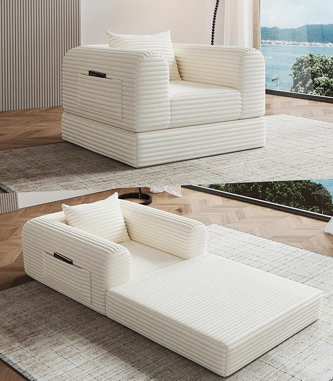 Versatile 2 In 1 Armchair Convertible Chaise Longue Small Couches Fomfy Bean Bag Chair for Small Spaces, Portable Chair Bed Comfy Floor Sofa Lounge Couch for Bedroom, Apartment, 1 Seater, Beige
