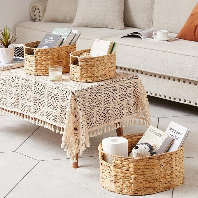 Vagusicc Wicker Basket, 3-Pack Hand-Woven Water Hyacinth Wicker Storage Basket with Handles, Large Woven Storage Baskets for Shelves, Round Storage Baskets for Organizing & Decor