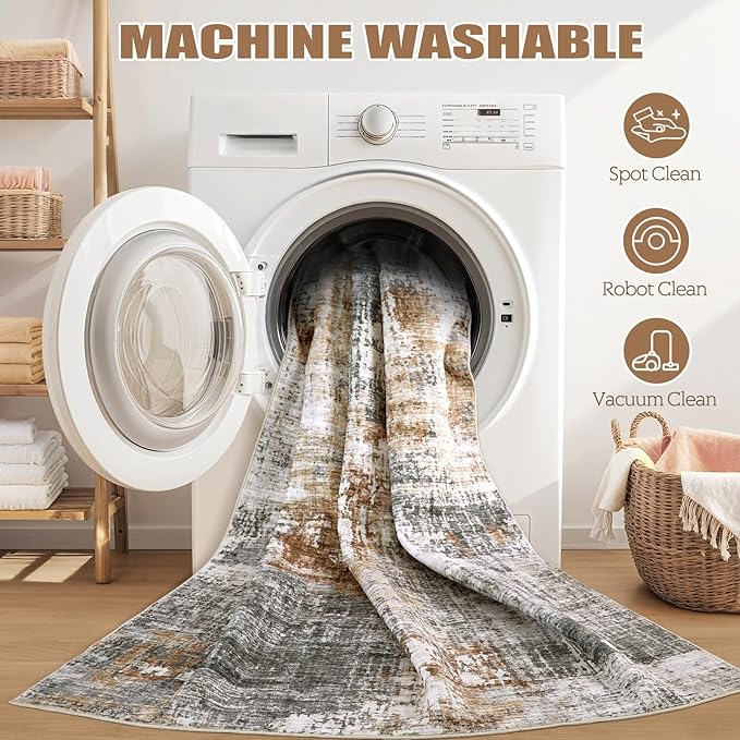 Area Rug Living Room Rugs - 7x9 Washable Large Soft Indoor Neutral Modern Abstract Low Pile Rug Carpet for Bedroom Dining Room Farmhouse Home Office - Grey Brown