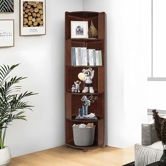 DOUSY-5 Tier Bamboo Corner Shelf, Mid Century Modern Corner Bookshelf, 69" Tall Stylish Bookcase Display Rack Plant Stand for Living Room, Bedroom, Home Office, Kitchen, Walnut
