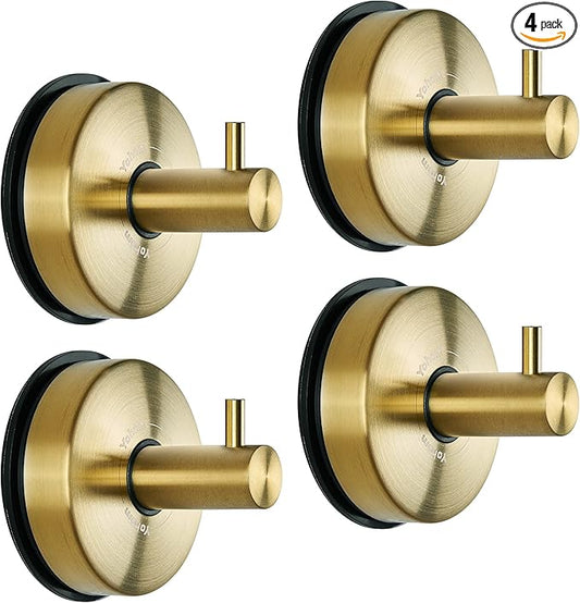 YOHOM Suction Cup Hooks for Shower Gold Towel Holder Stainless Steel Vacuum Bathroom Shower Hook Suction Washcloth Hanger Kitchen Towel Rack for Robe Loofah Wreath Glass Door Window Wall Brushed 4Pcs