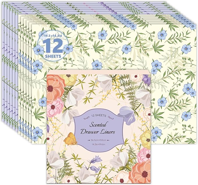 SCENTORINI Scented Drawer Liners for Dresser,6 Linen + 6 Lavender Scent Drawer Paper Liners, Paper Sheets Liner 14.3x19.5 Inch, for Fragrant Home Shelf Closet Bedroom Drawer