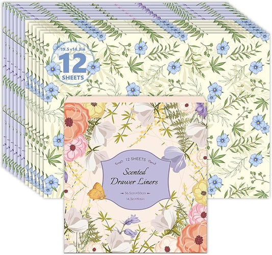 SCENTORINI Scented Drawer Liners for Dresser,6 Linen + 6 Lavender Scent Drawer Paper Liners, Paper Sheets Liner 14.3x19.5 Inch, for Fragrant Home Shelf Closet Bedroom Drawer