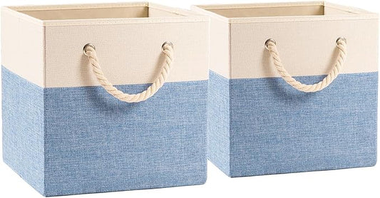 Large Foldable Cube Storage Bins 11x11 inch [2-Pack] Fabric Linen Storage Baskets Cubes Drawer with Cotton Handles Organizer for Shelves Nursery Closet Bedroom Beige/Blue