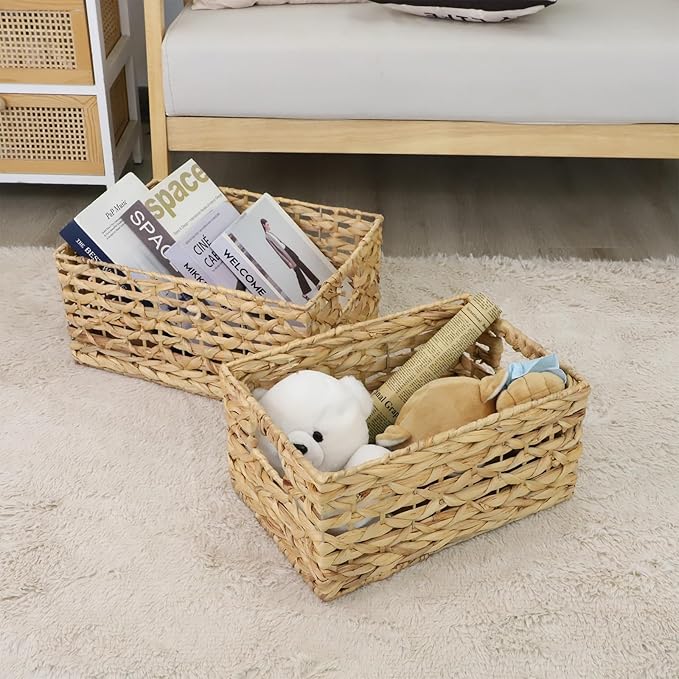 Rectangular Water Hyacinth Storage Basket — Wicker Basket for Organizing with Handle, Decorative Rattan Basket for Bathroom, Bedroom, Shelves & Living Room (Large)