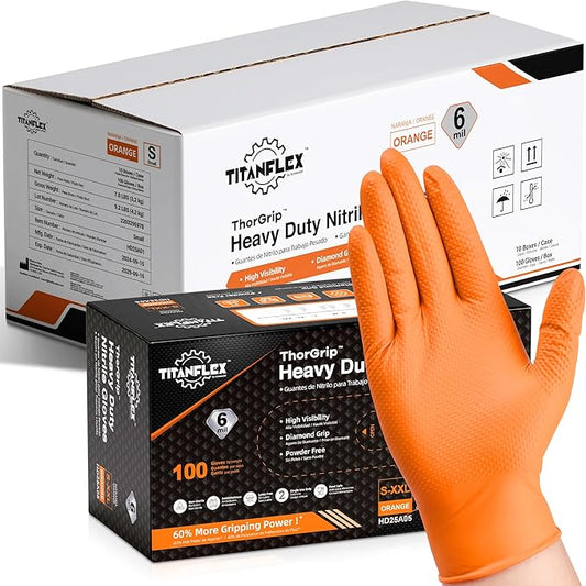 TitanFlex Heavy Duty Orange Industrial Nitrile Gloves with Raised Diamond Texture, Latex Free (6mil/8mil)