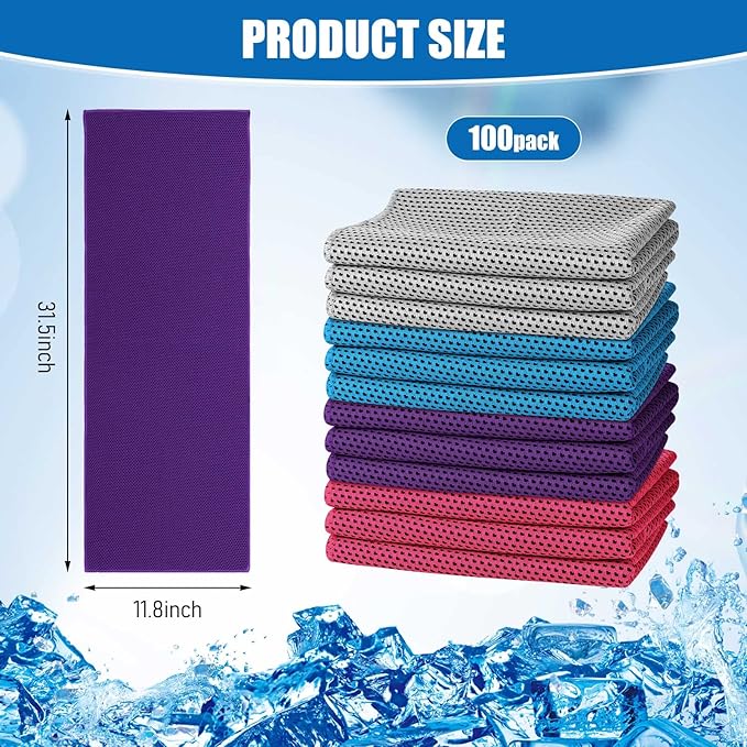 100 Pack Cooling Towel - Microfiber Cold Sports Sweat Rags Neck & Face Breathable Ice Chilly Towel for Gym Yoga Golf Workout Beach Accessories
