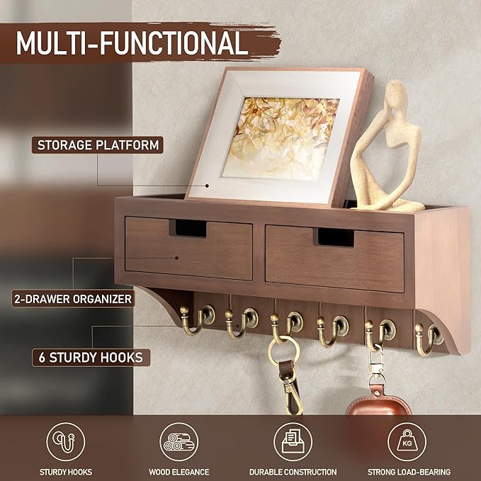 Rebee Vision Key and Mail Holder Wall Mount with 2 Drawer Organizer : Farmhouse Key Holder for Wall with 6 Key Hooks and Shelf - Rustic Home Decor for Apartment Essentials (Vintage Brown)