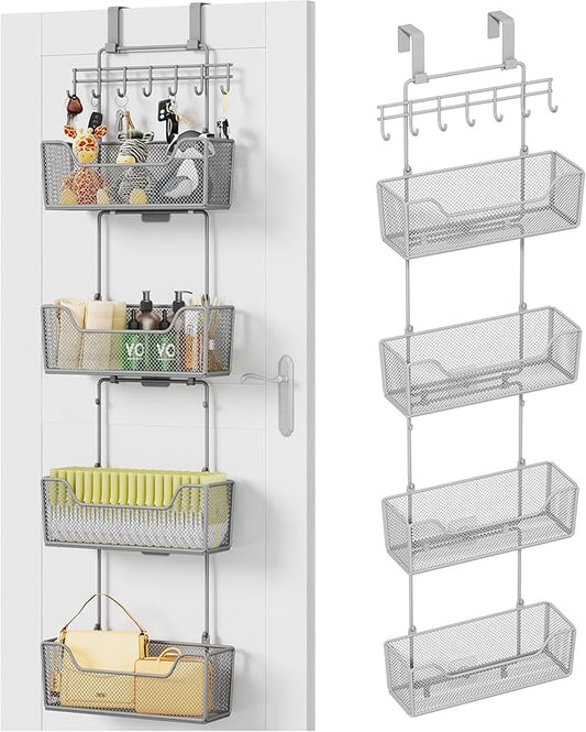 HapiRm Over The Door Organizer - Hanging Door Organizer with 4 Metal Large Capacity Baskets and Adjustable Coat Hook for Bathroom Bedroom Kitchen Pantry Closet Cabinet