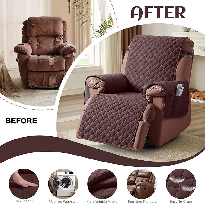 KinCam 100% Waterproof Recliner Chair Cover, Reclining Couch Covers for Pets, Dogs, Recliner Couch Slipcover Furniture Protector with Elastic Straps for Kids(28", Coffee)