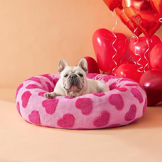 LE SURE Donut Medium Dog Bed - Round Cat Beds for Indoor Cats Anti-Anxiety Calming Pet Beds, Washable Cute Modern Beds with Teddy Sherpa Plush & Anti Slip Bottom, 30 Inch, Heart Pink