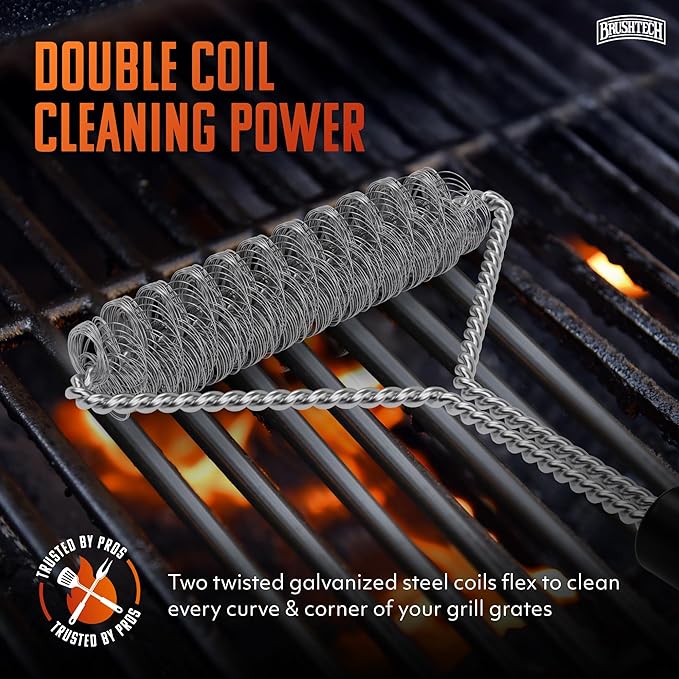 Double Helix Grill Brush, 16″ Flat BBQ Grill Cleaner - Bristle‑Free Coil Springs Clean Tops & Sides - Stainless Steel, Long Reach Handle, Heavy‑Duty BBQ Tool for Gas & Charcoal Grates