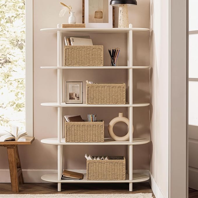joybest Medium Wicker Baskets, Woven Paper Rope Storage Baskets for Organizing, Rectangular Storage Bins for Shelves with Handles for Pantry, 13.4L x 8.3W x 7.1H inch, 2-pack Natural
