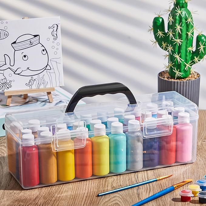 3 Pcs Paint Storage Box for 2 Fl. oz Acrylic Paints, Acrylic Portable Craft art Organizer with Handle, 30 Bottles Capacity Plastic Art Supply Clear Boxes