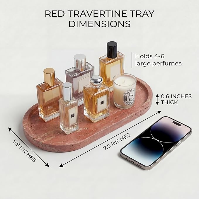 YKAJO Natural Red Limestone Vanity Tray - 100% Authentic Stone Decorative Catchall for Bathroom Counter, Perfume Organizer, Jewelry & Entryway Key Dish - Modern Home Decor, 11.6" x 5.9"