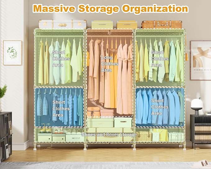 E14 Pro Heavy Duty Clothes Rack，Freestanding Clothing Racks for Hanging Clothes，Adjustable Closet Organizers and Storage，Metal Garment Rack with Shelves 69"W x16"D x77"H，Max Load 960LBS，Gold