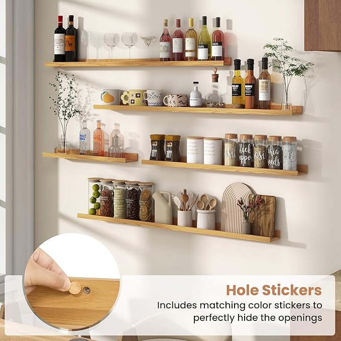 Fun Memories Picture Ledge Shelves Set of 4, 32 Inch Rustic Wall Mounted Floating Shelves with Lip for Home Storage and Décor in Bathroom, Kitchen, Nursery, Bedroom, Living Room, Oak