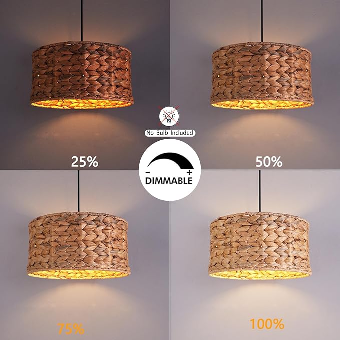 HuisMier Rattan Plug in Pendant Light with 15 Ft Plug in Cord, Wicker Woven Lampshade Hanging Lamp with Dimmable Switch, Plug in Boho Hangiing Light Fixture for Kitchen Island Bedroom Dinning Room