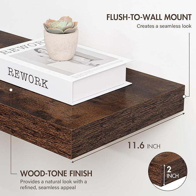 40 Inch Floating Shelves, 12" Deep Floating Shelf Wall Mounted, 40" Wall Shelves, Rustic Deep Bookshelf, Extra Deeper & Thicker Display Shelves for Bedroom, Living Room, Brown, Set of 2