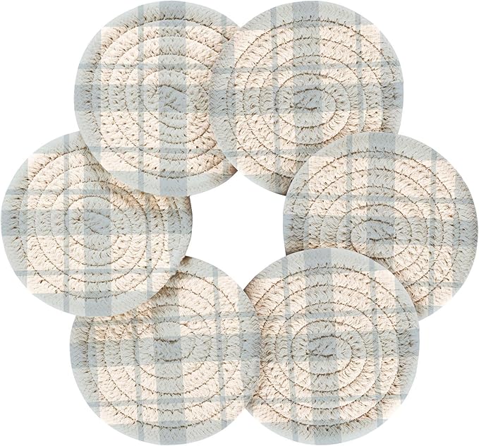 Minimalist Home Decor for Coffee Table, Kitchen, Drink Coasters, Blue Gingham Stripes Handmade Cotton Absorbent Coaster Set of 6, Housewarming and Wedding Registry Ideas