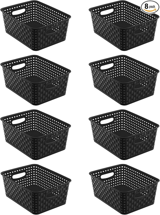 8 Pack Black Storage Baskets, Plastic Woven Organizer Baskets, Stackable Shelf Baskets for Closet, Pantry, Bathroom & Laundry Room