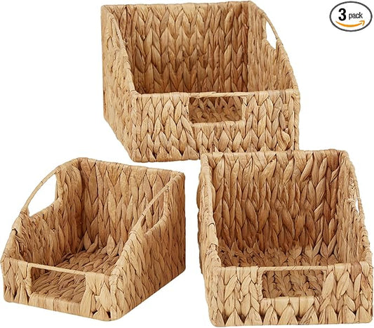 Vagusicc Wicker Storage Baskets for Organizing, 3-pack Hand-Woven Wicker Baskets with Built-in Handles, Water Hyacinth Storage Baskets for Shelves Storage, Small Pantry Baskets Kitchen Organizers